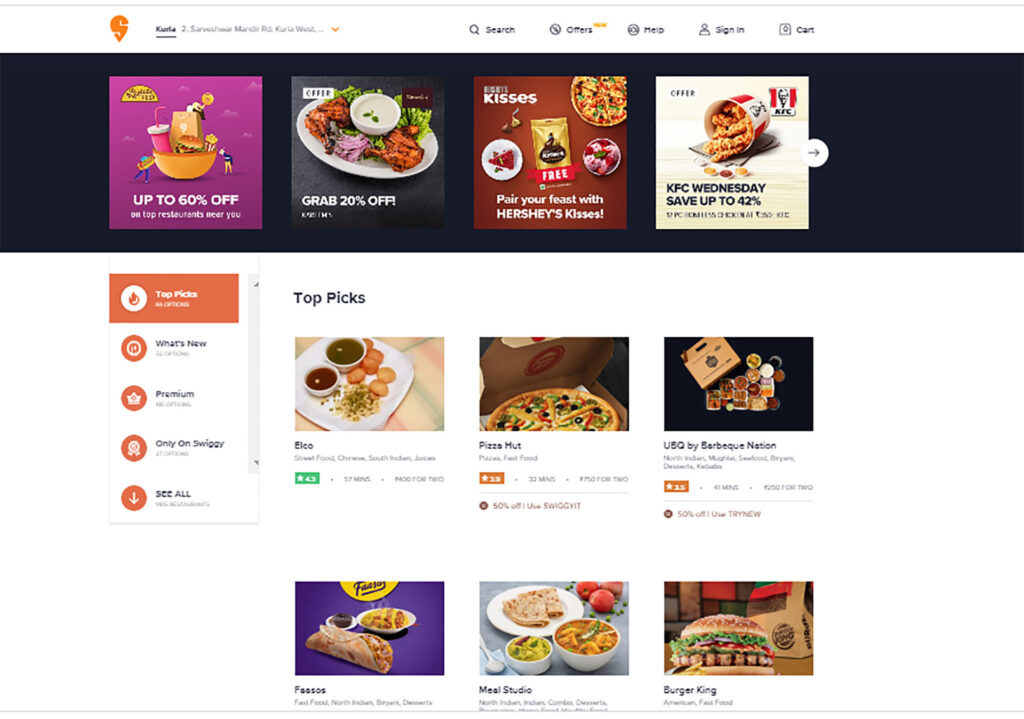 Swiggy's Various Features and Options